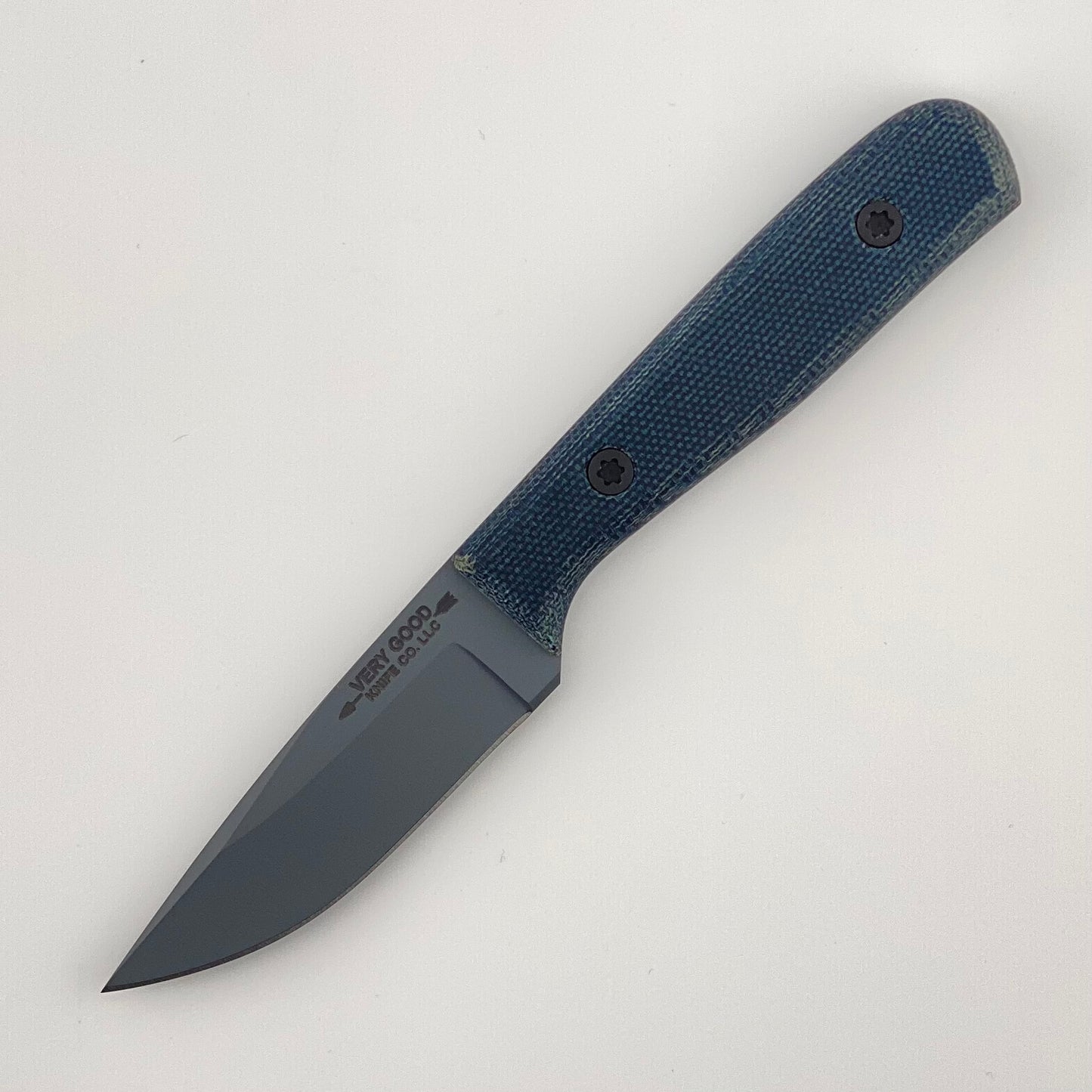 Gray Fixed blade knife with a denim blue handle on a white background