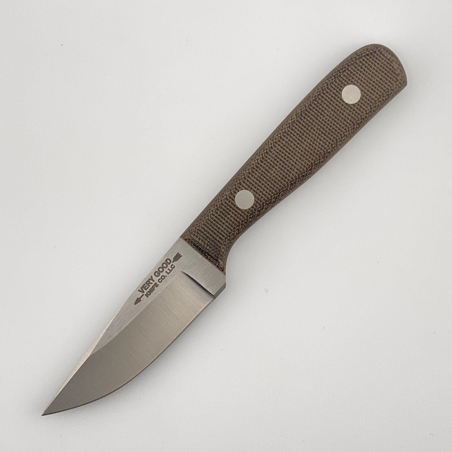 Fixed blade knife with dark green handles on a white background