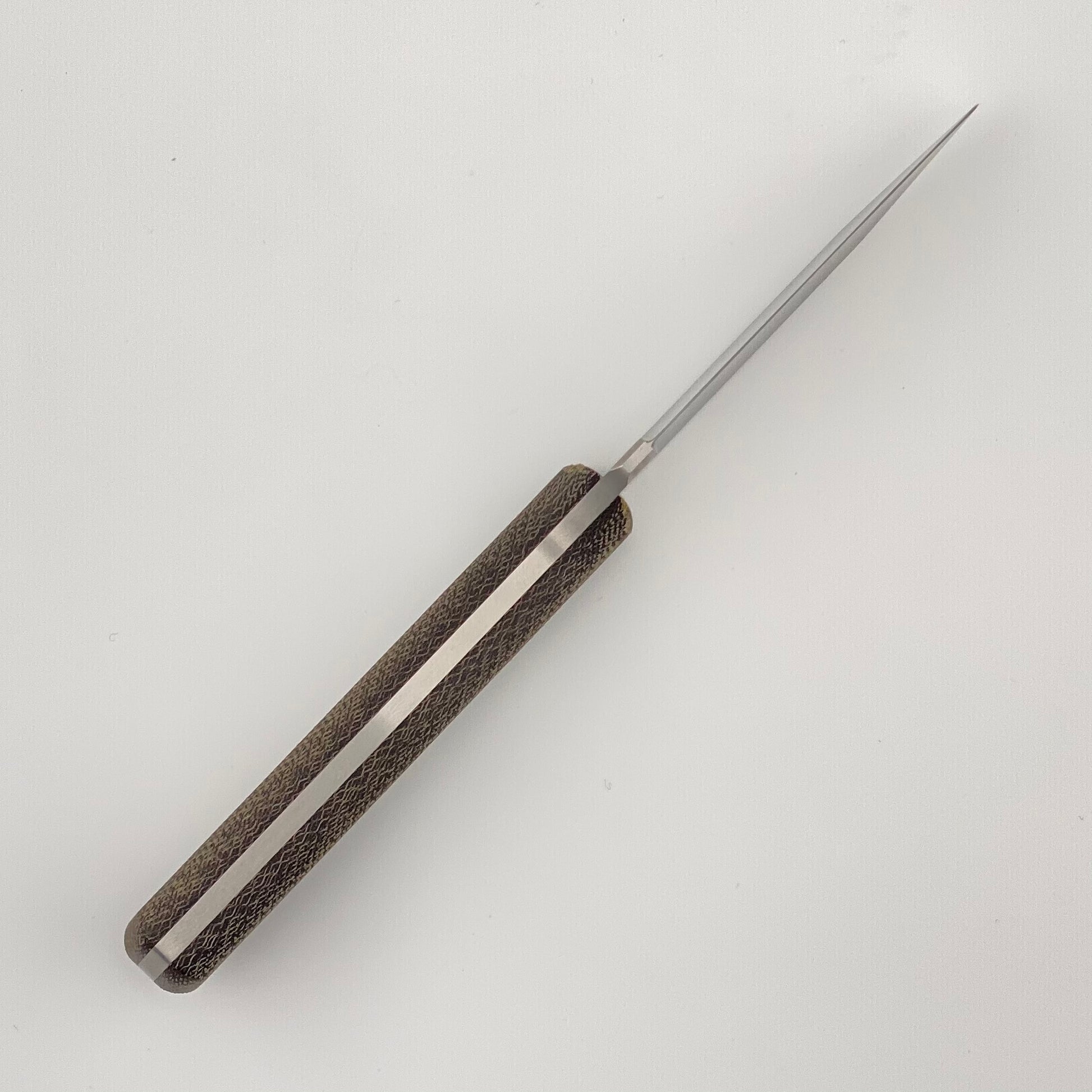 Fixed blade knife with dark green handles on a white background